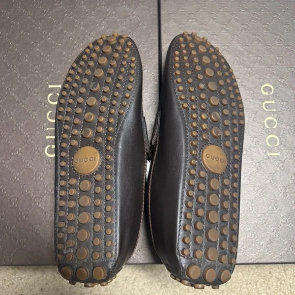 Gucci Brown and Green Leather Loafers with Signature Stripe - Picture 4 of 12